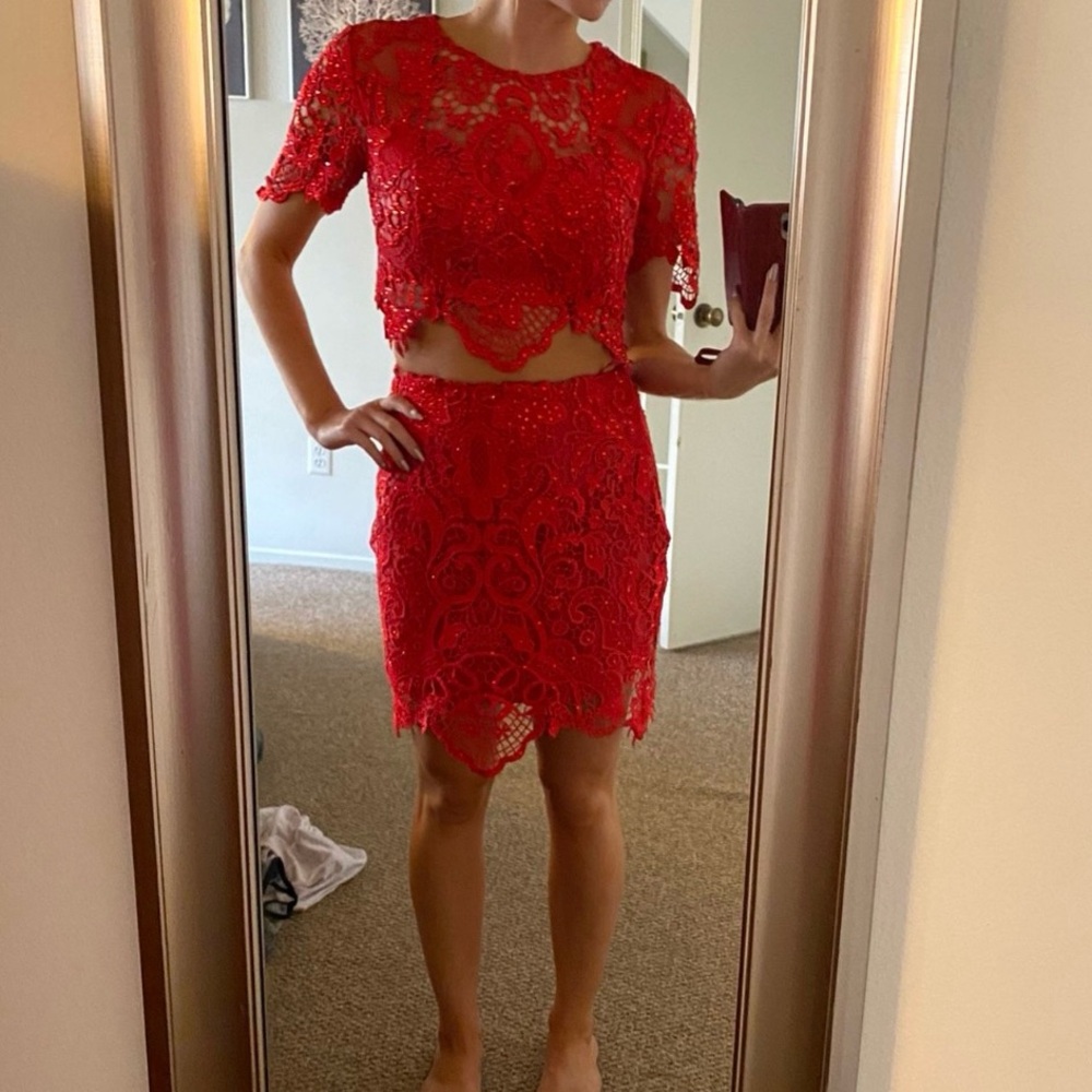 Bejeweled red lacey 2 piece matching top and skirt